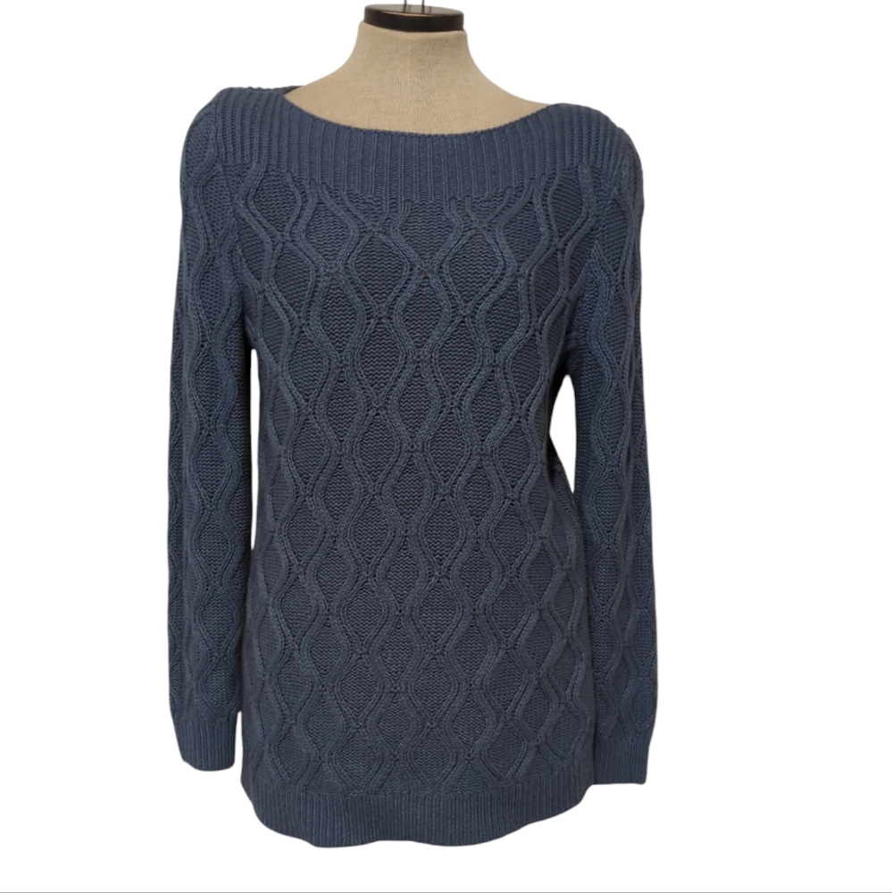 LOFT Gray Diamond Knit Sweater Top Size Large Womens Pull Over Blue-437